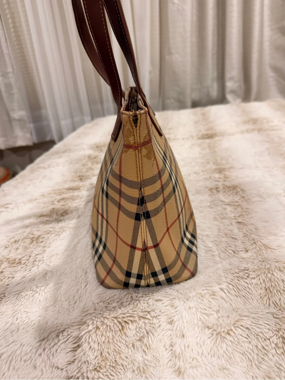 Burberry London Nova Check Tote Bag Brown Leather Vintage Shoulder Bag